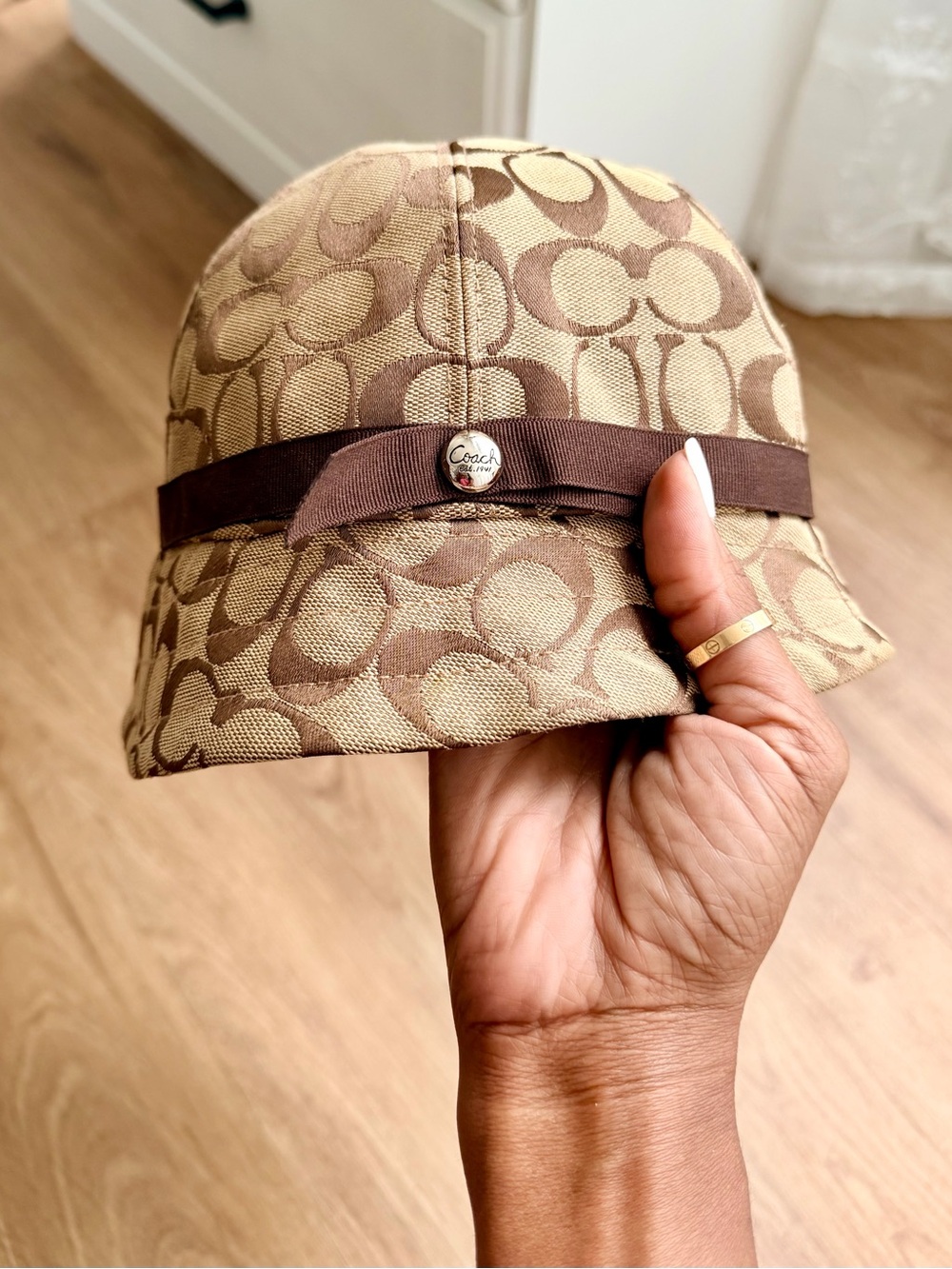Coach Tan and Brown Signature Bucket Hat